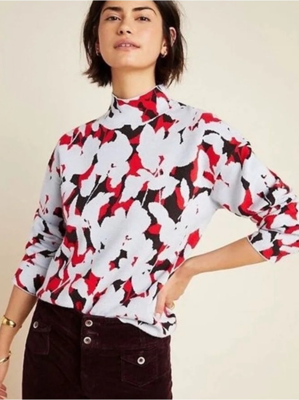 Anthropologie Lizzie mock neck jacquard abstract floral print sweater sz xs